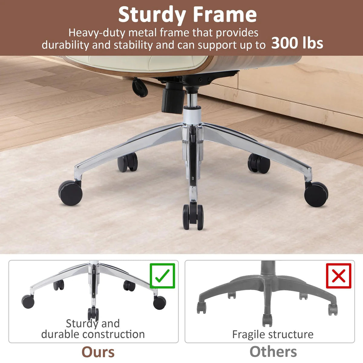 Executive Office Chair with Adjustable Height and Tilt, Solid Wood Arms and Base, 360° Swivel - Leather Office Chair, White