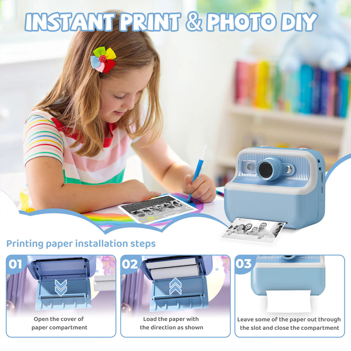 Instant Print Camera for Kids, Dual-Lens 48MP Digital Camera 2.4 Inch Screen with 3 Rolls Paper, Blue