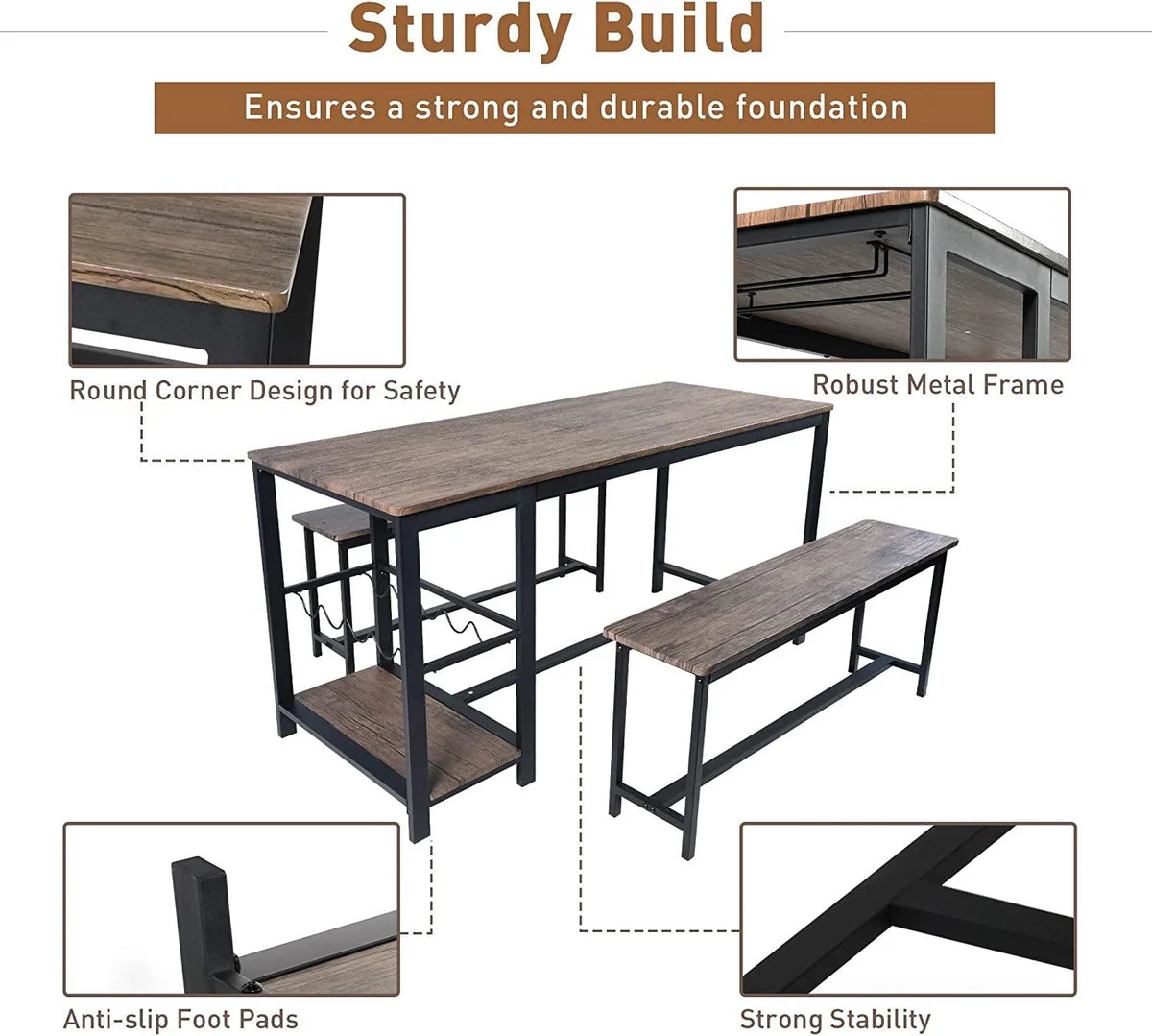 3 Piece Kitchen Table Set with Bench Dining Table Set for 4 Kitchen Dining Room Small Spaces Compact w/Storage Shelf Rack, Wine Rack