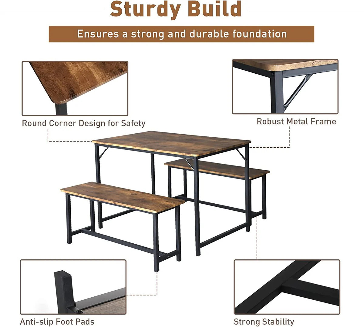 3 Piece Kitchen Table Set with 2 Benches, Wood Dining Table Set for 4 Space-Saving Dinette for Kitchen, Rustic Brown