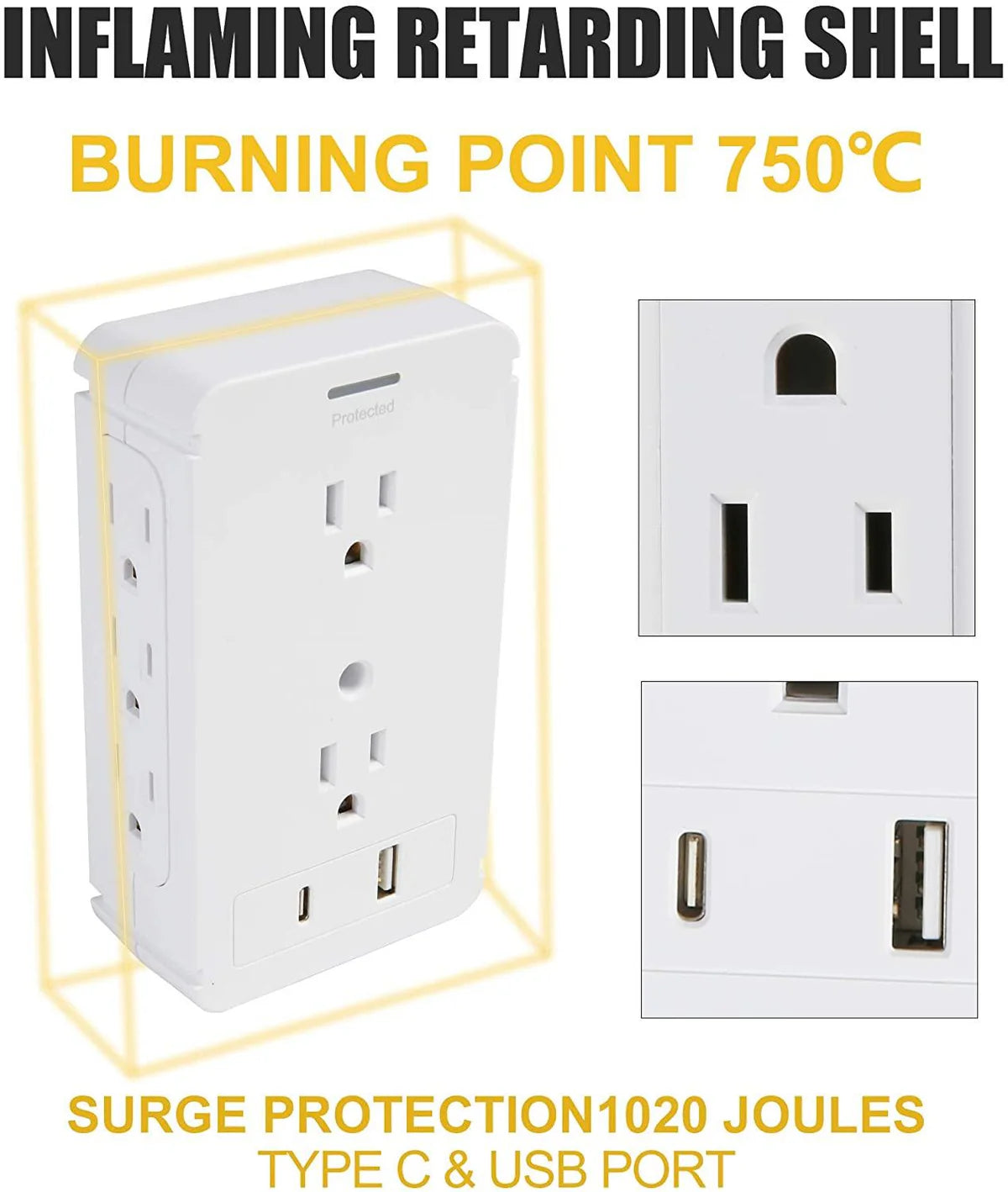 Socket Shelf Outlet 2 Pack Surge Protector Extender Wall plug with USB A+C Ports(3.4A Total), 8 AC Outlets