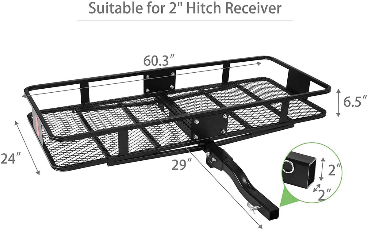 60" x 24" x 6.5" Hitch Mounted Folding Cargo Carrier, 500LBS Capacity Heavy Duty Basket Rack, Fit 2" Receiver Hitch