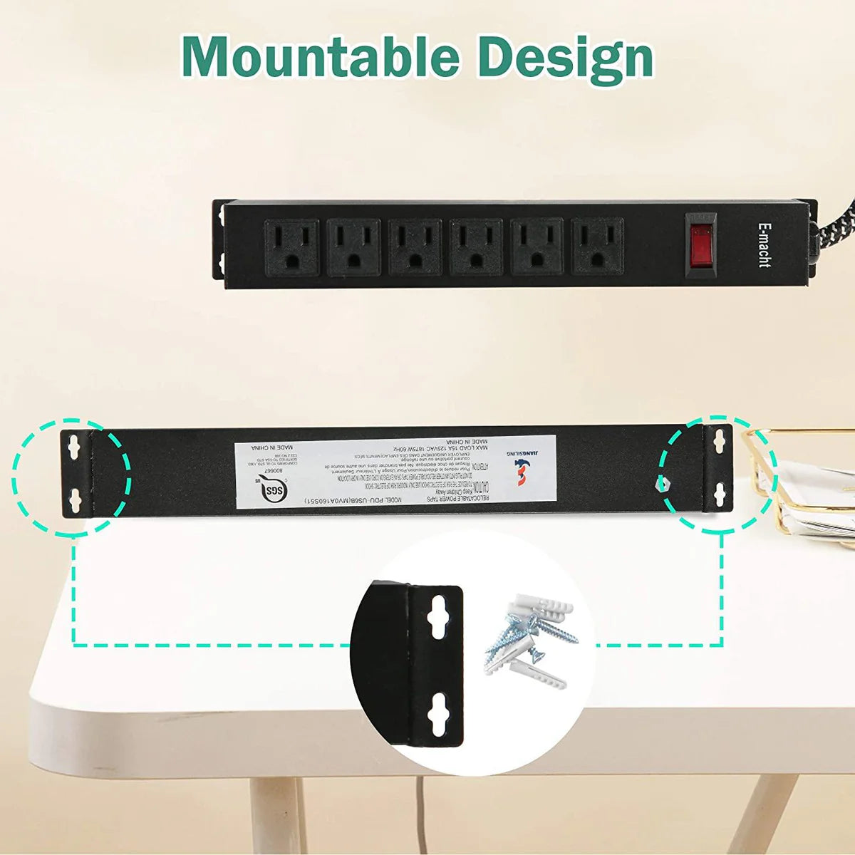 Long Power Strip Surge Protector, 6 Outlets Metal Outlet, Wall Mountable, 6 ft Long Extension Cord, 2 Pack