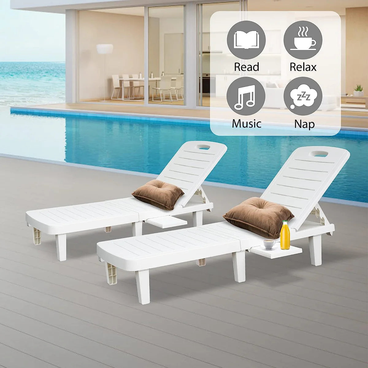 Chaise Lounge Chair Patio Sunbathing Chair with 4 Level Adjustable Backrest & Hide Cup Holder, White