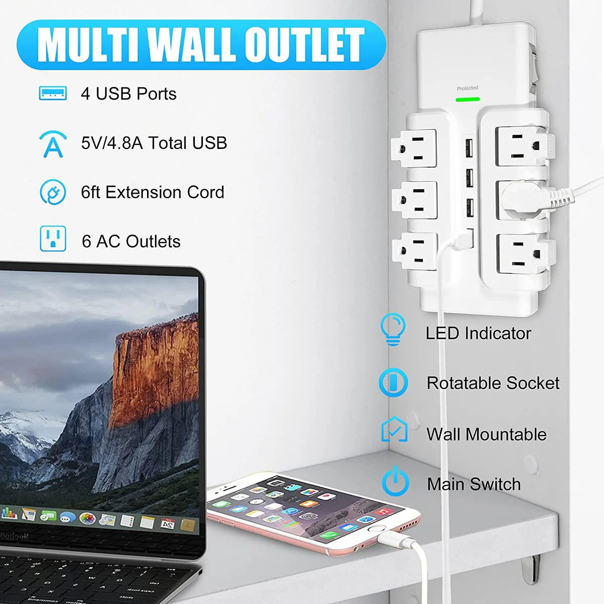 6 Outlets Extender Rotating Power Strip Surge Protector with 4 USB Ports and 6ft Extension Cord Wall Mount for Home Office