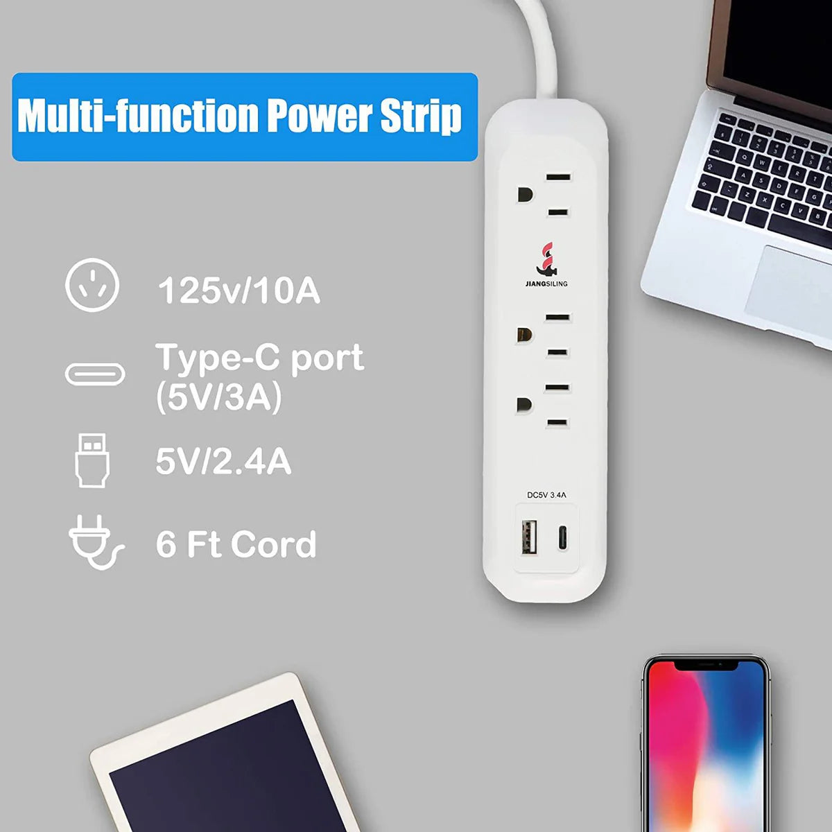 Surge Protector Power Strip with 3 Outlet and USB Port(5V/2.4A) & Type-C Port(5V/3A), 6 Ft Extension Cord