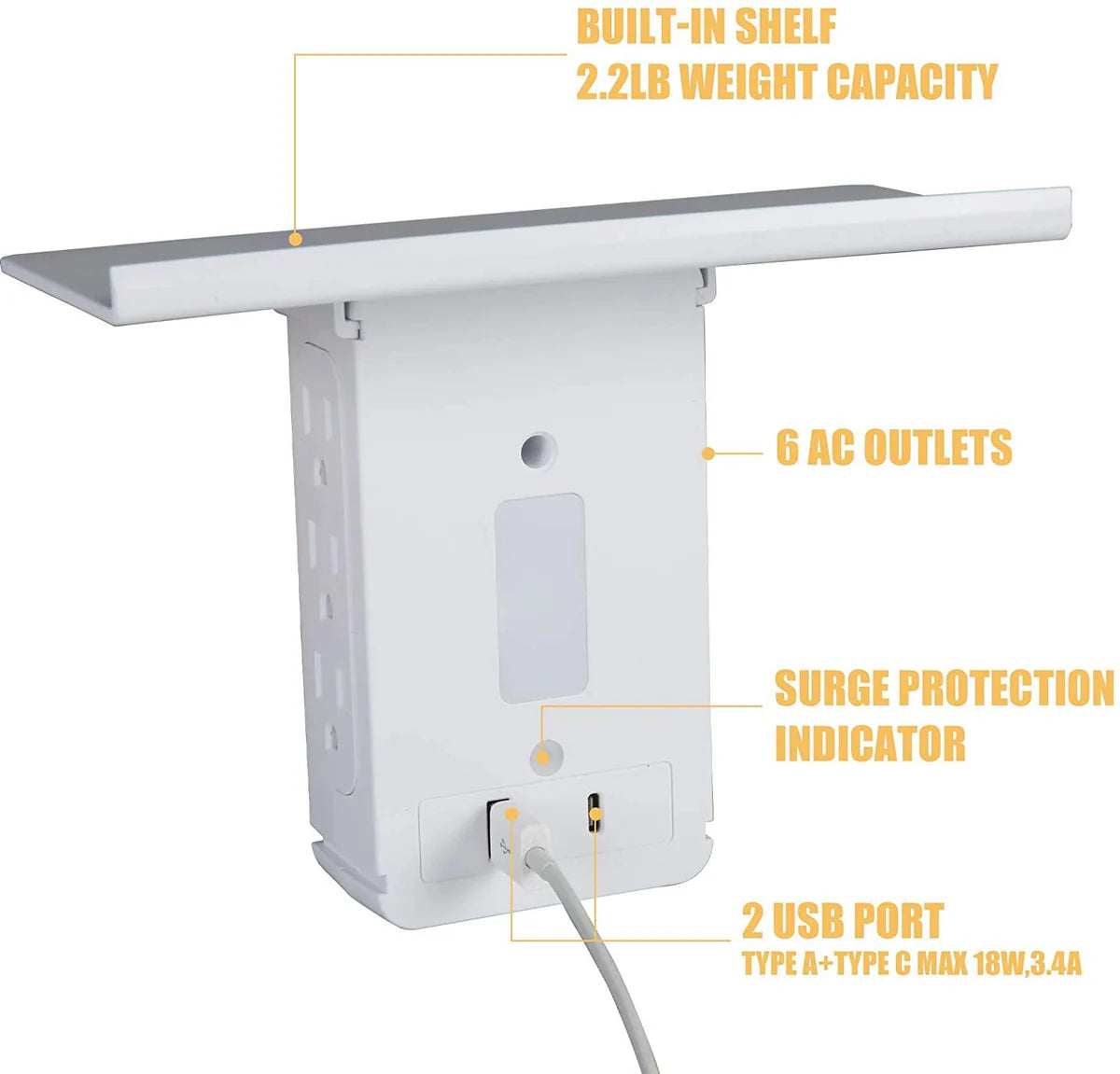 Socket Shelf Outlet-2 Pack Surge Protector Extender Multiple Outlet Wall Plug with USB A+C Ports (3.4A Total)