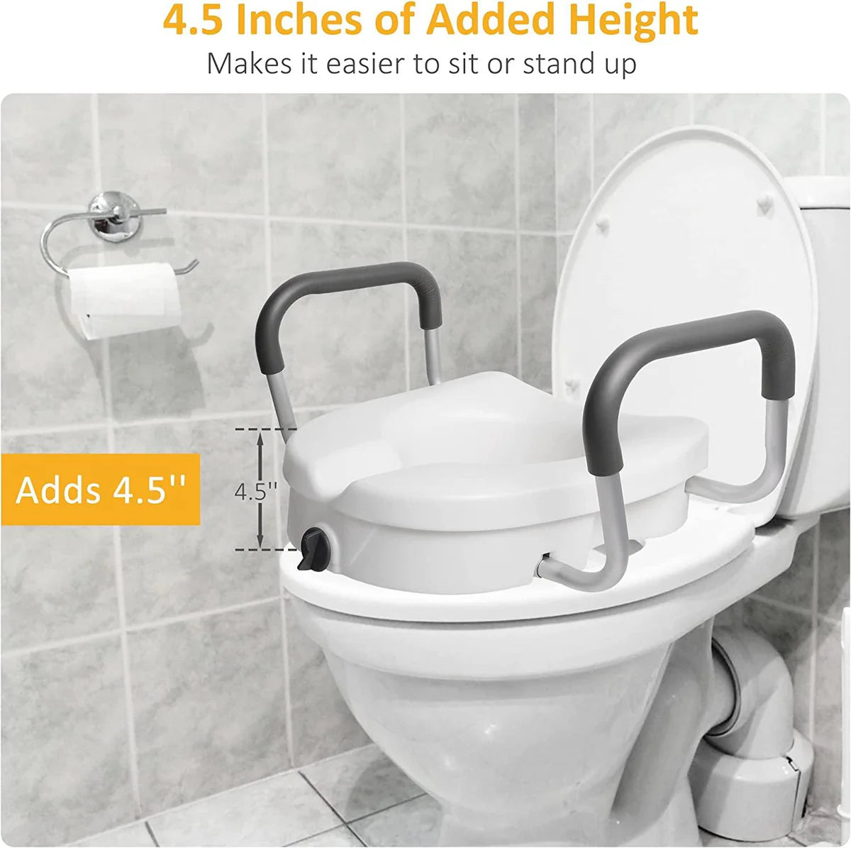 Raised Toilet Seat with Removable or Adjustable Handles, Plastic Raised Toilet Seat with Lock and Padded Armrests, White