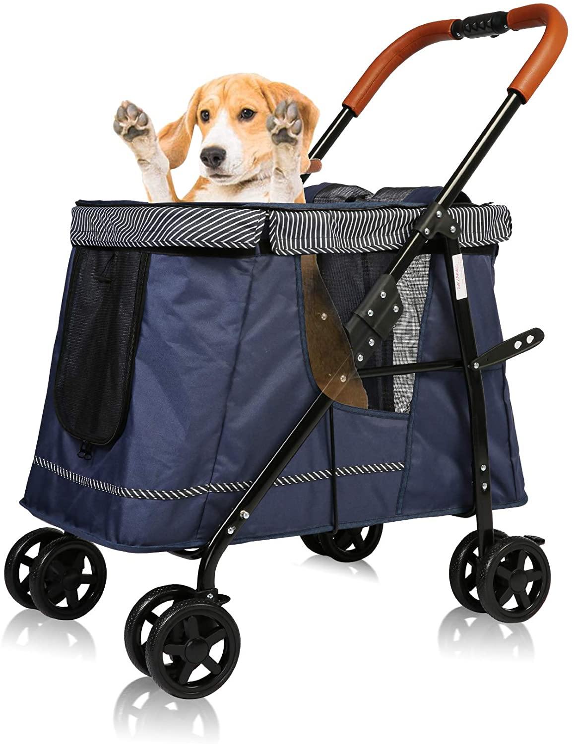 Foldable Large Pet Wagon Cat & Dog Stroller Travel Carriage, Navy