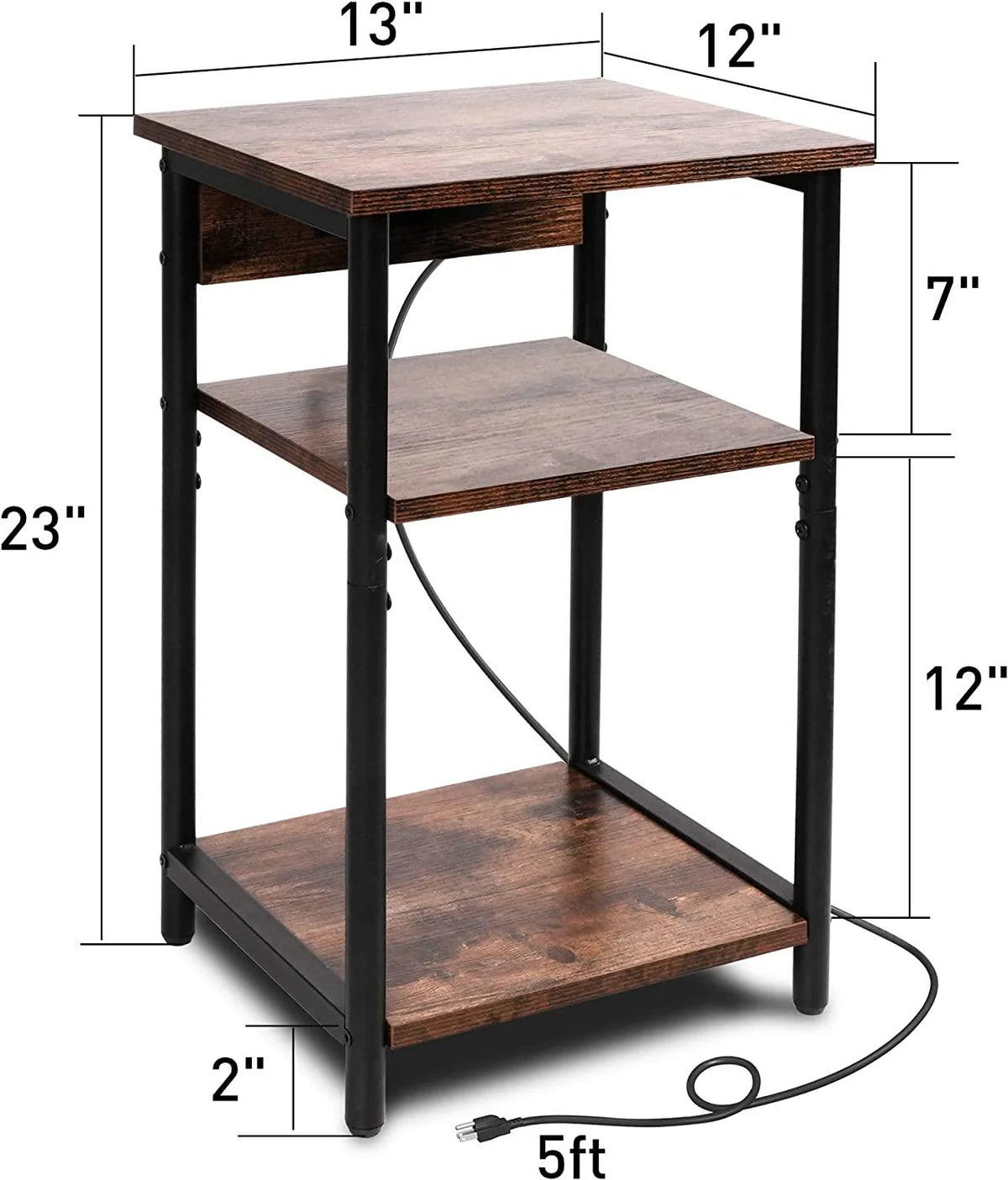 Nightstand Set of 2, 3-Tier End Side Table with Charging Station, Stable Metal Frame Capacity Up to 110 lbs for Living Room Bedroom Small Spaces