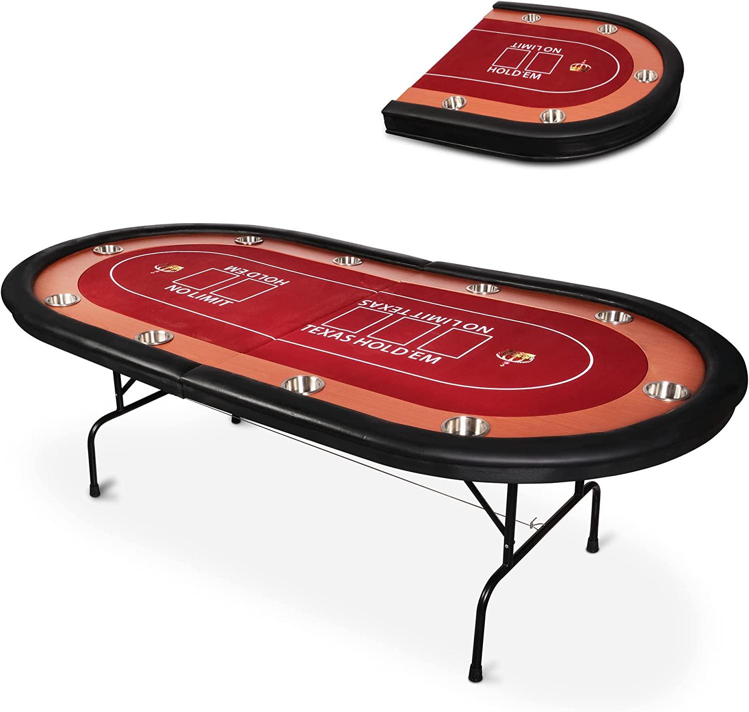 Poker Table Foldable Large 10 Players Casino Table Texas Holdem Red Felt Surface With 10 Stainless Steel Cup Holders & Padded Poker Table