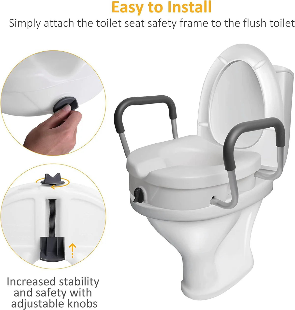 Raised Toilet Seat with Removable or Adjustable Handles, Plastic Raised Toilet Seat with Lock and Padded Armrests, White