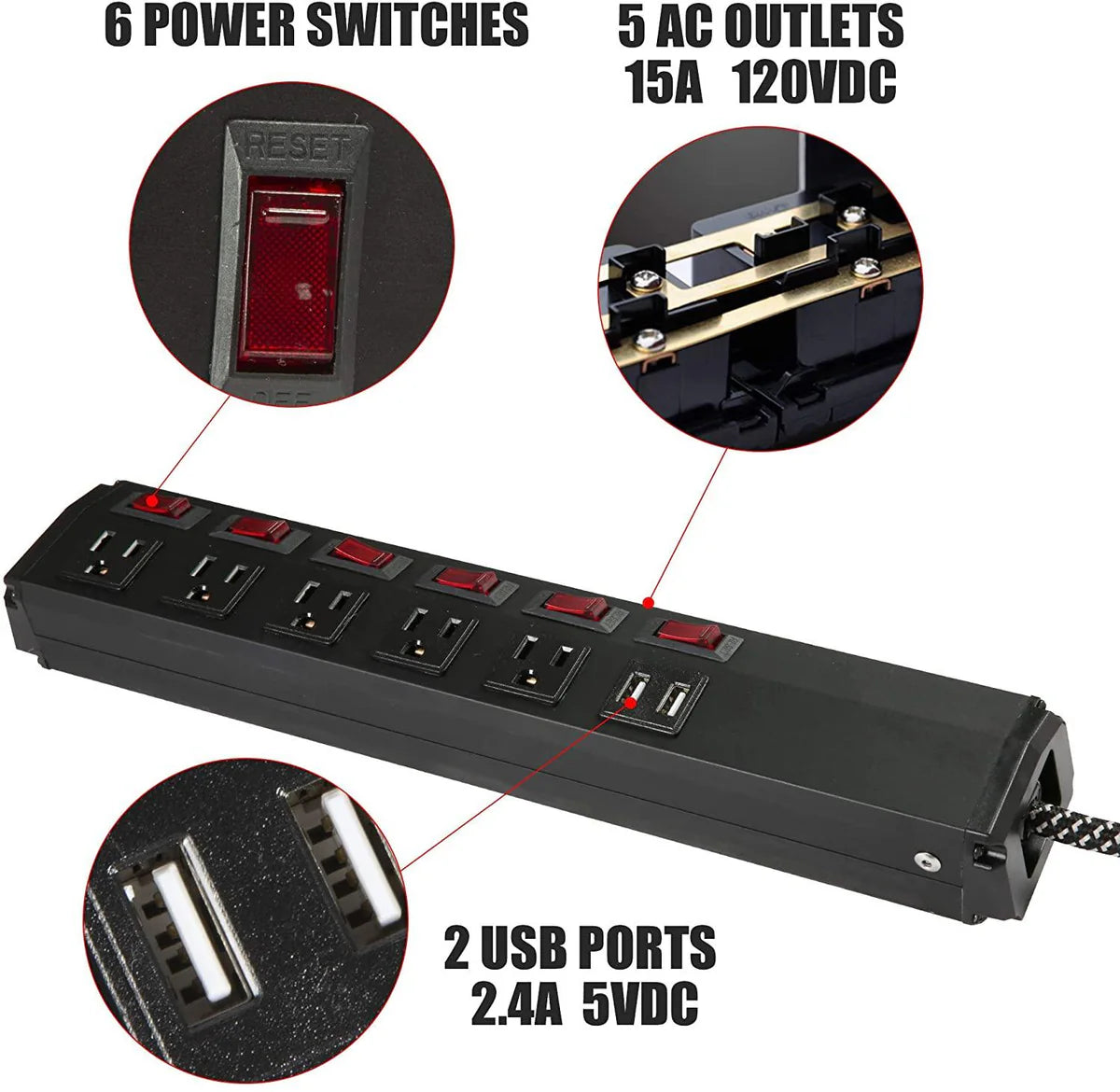 Surge Protector Power Strip with Outlets and USB Charging Ports 6-Foot Cord for Home, Office -Black (2, 5 outlets+2 USB)