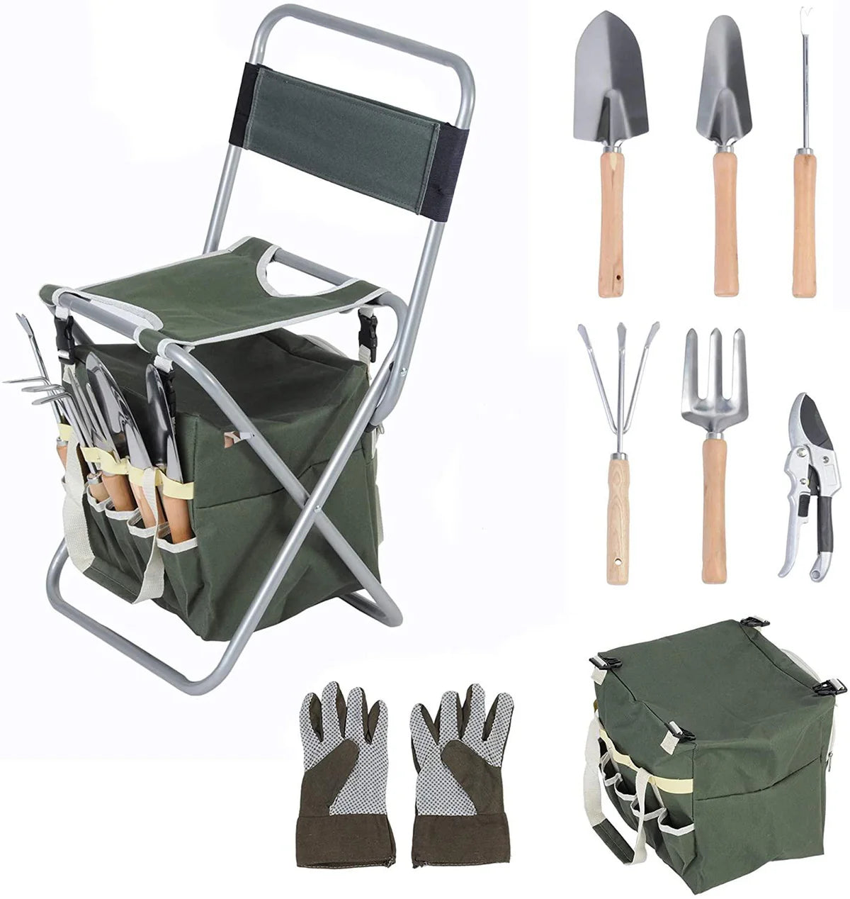 9 PCS Garden Tools Set Ergonomic Wooden Handle Sturdy Stool with Detachable Tool Kit