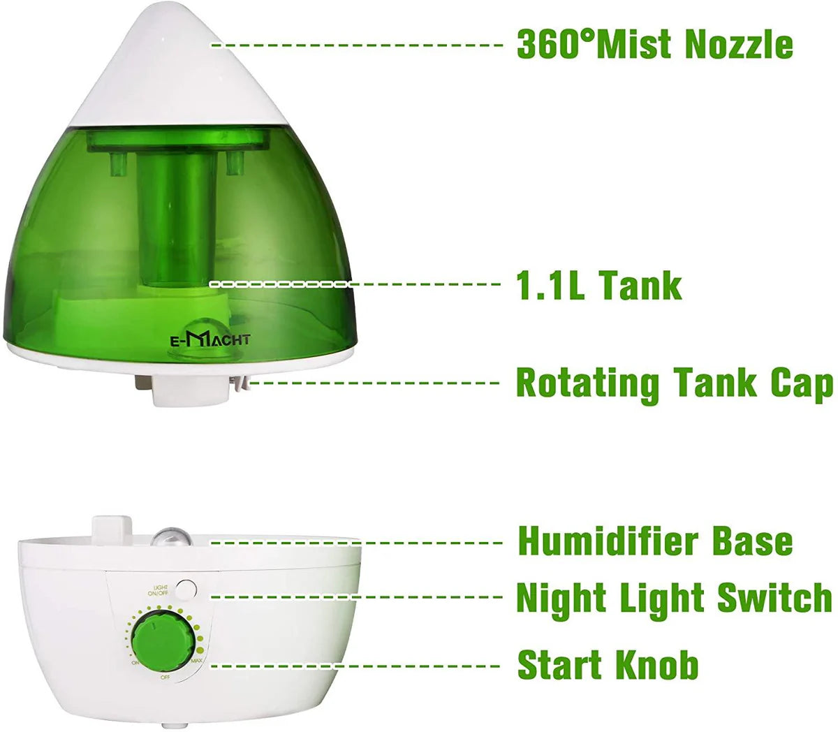 Humidifiers for Bedroom Quiet Ultrasonic Cool Mist Humidifier 1.1L with Auto Shut-Off, Green