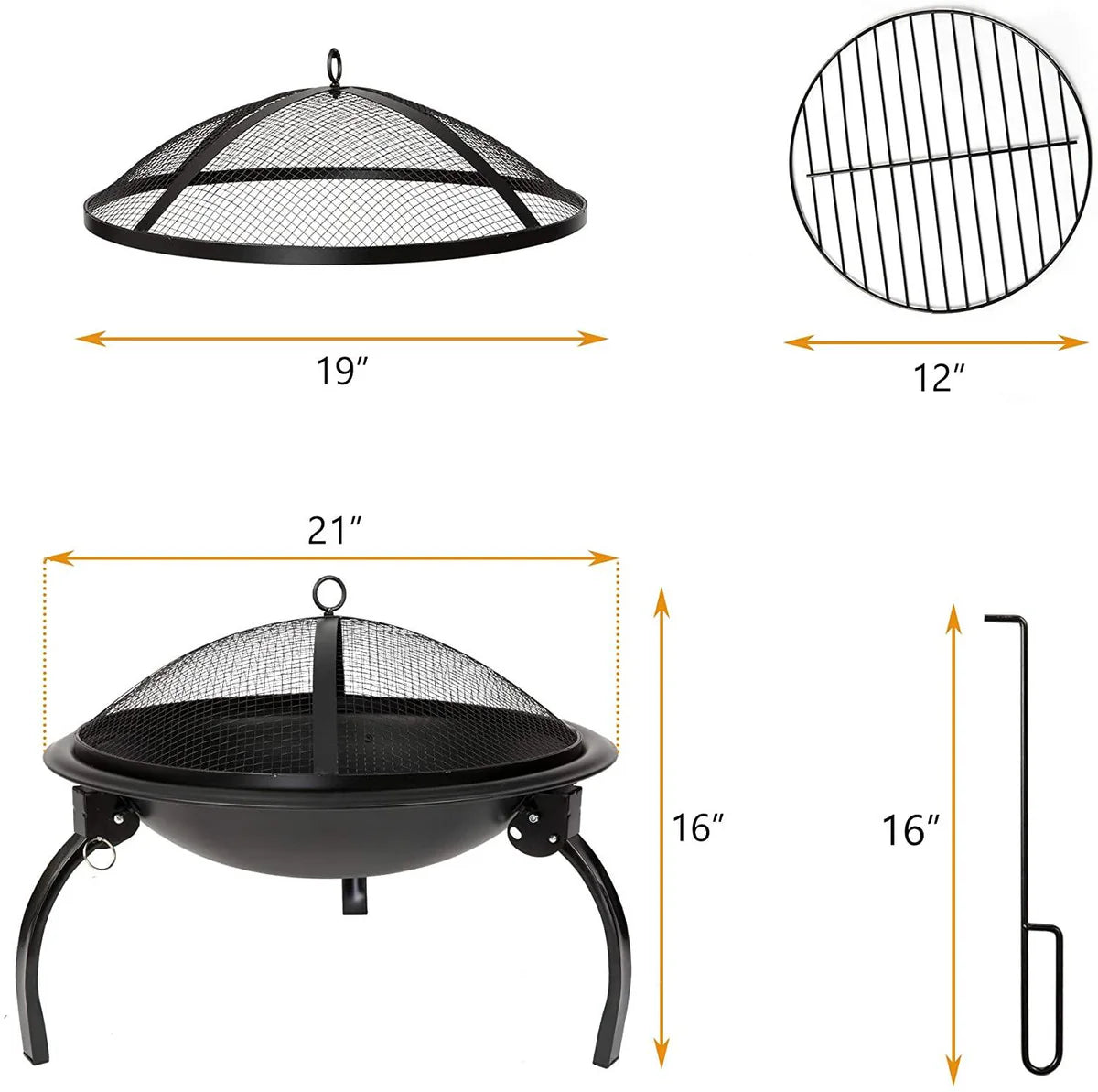 21" Outdoor Portable Fire Pit Bowl Stove Bonfire Wood Burning BBQ Grill with Mesh Spark Screen Cover Fire Poker