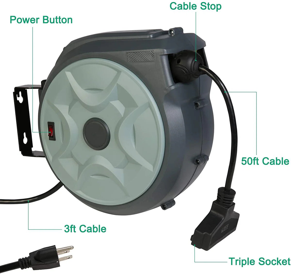 Retractable Extension Cord Reel 50FT+ 3FT Electric Cord Reel, Adjustable Stopper, 180°Swivel Ceiling or Wall Mount