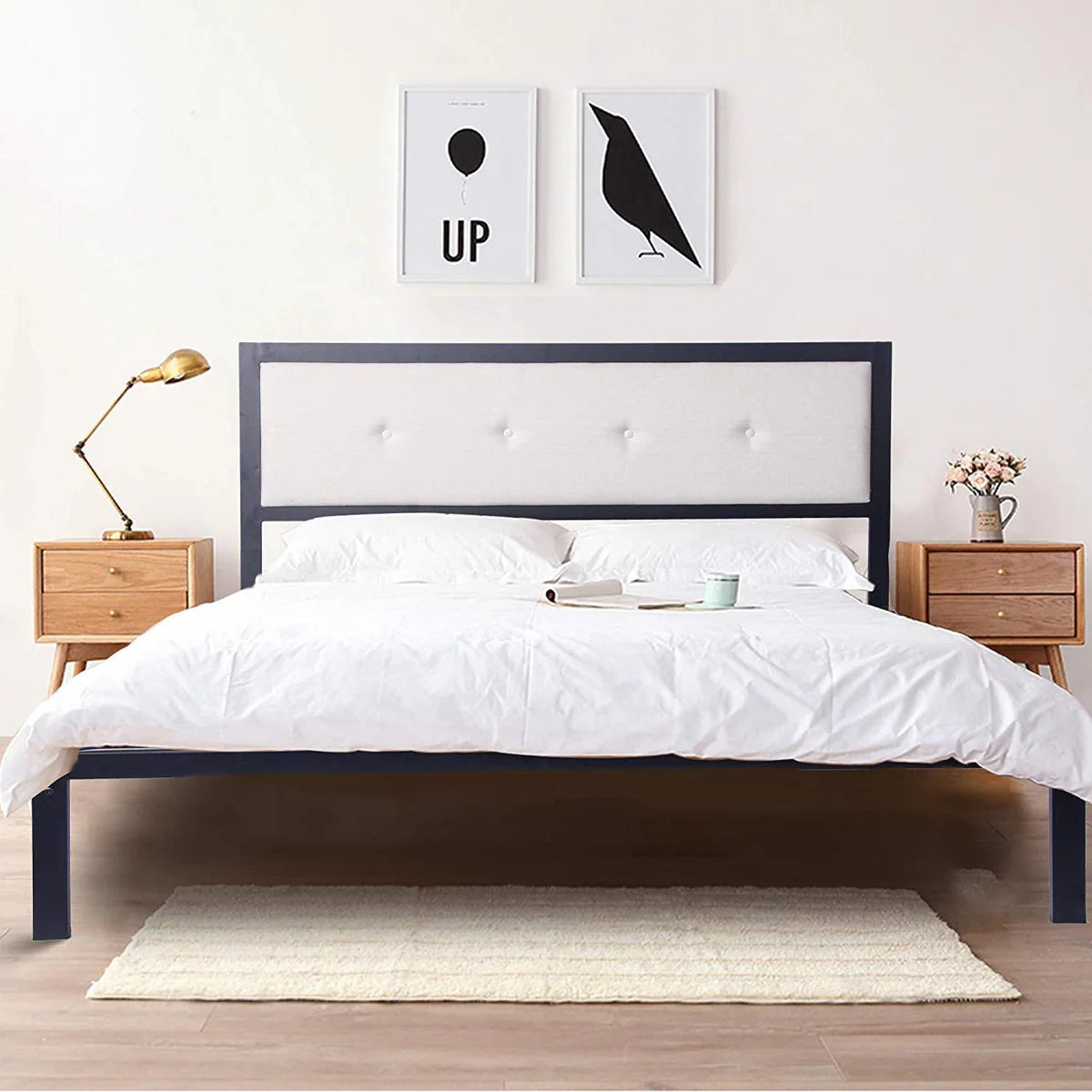 Modern Queen Size 9-Legs Stable Metal Bed Frame Full with Upholstered Headboard Mattress Base