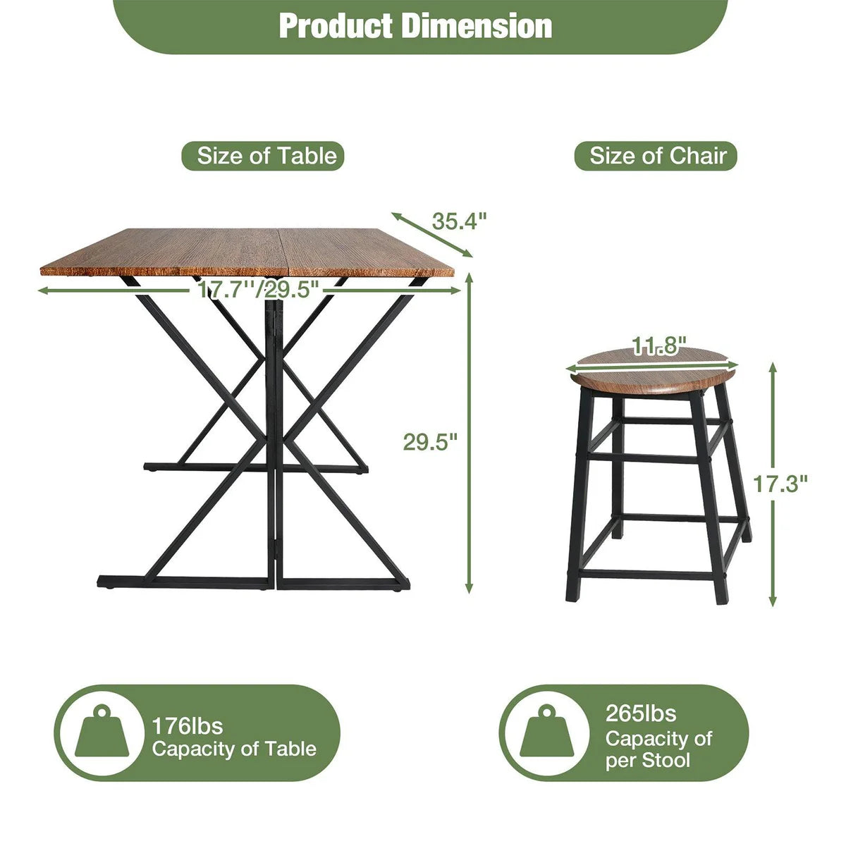 Mid Century Drop Leaf Table Set, 35.4" Drop Leaf Table for Small Space with 2 Stools