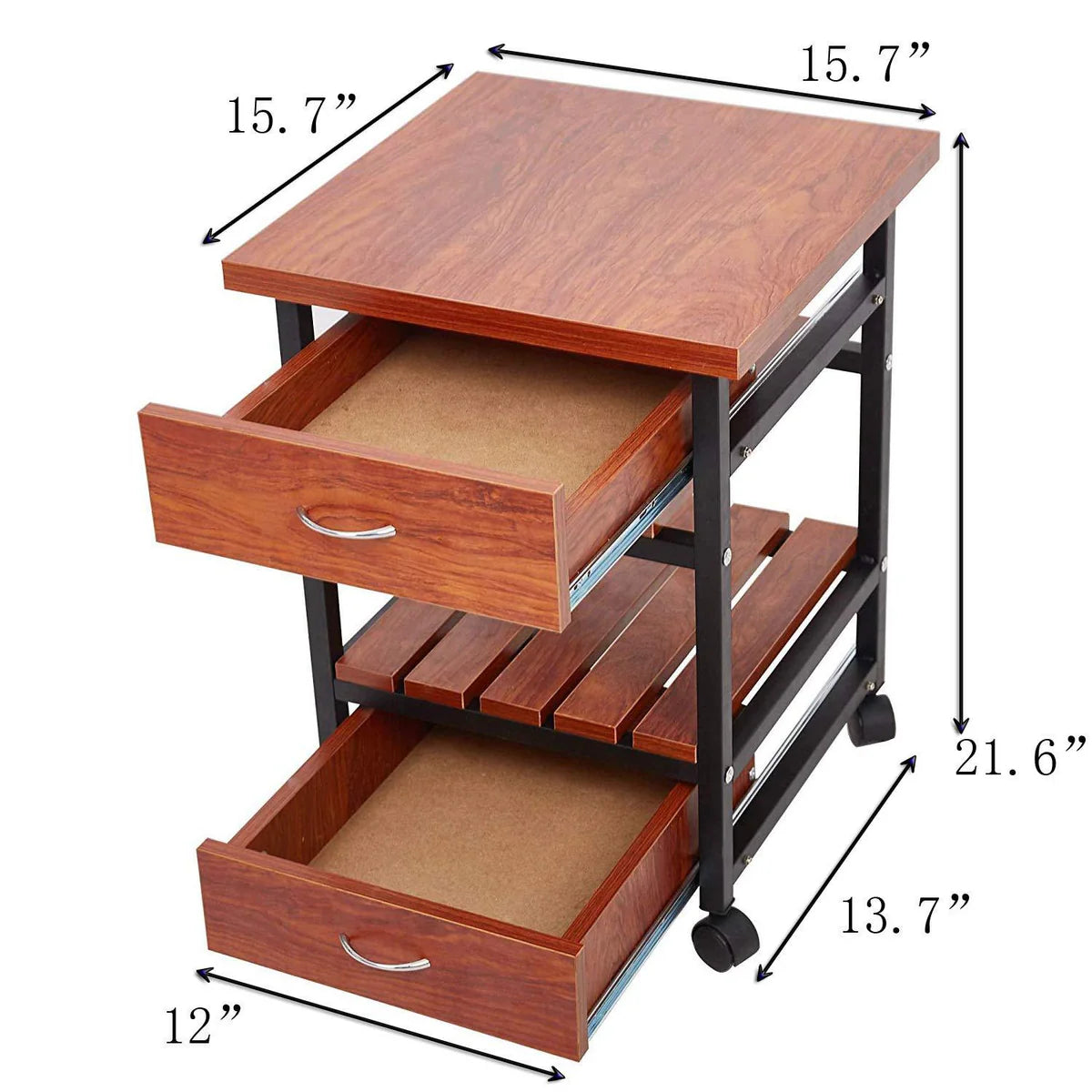 Rolling Wooden End Table Beside Cabinet, Nightstand Dresser Storage Organizer Unit with 2 Drawers for Bedroom Living Room