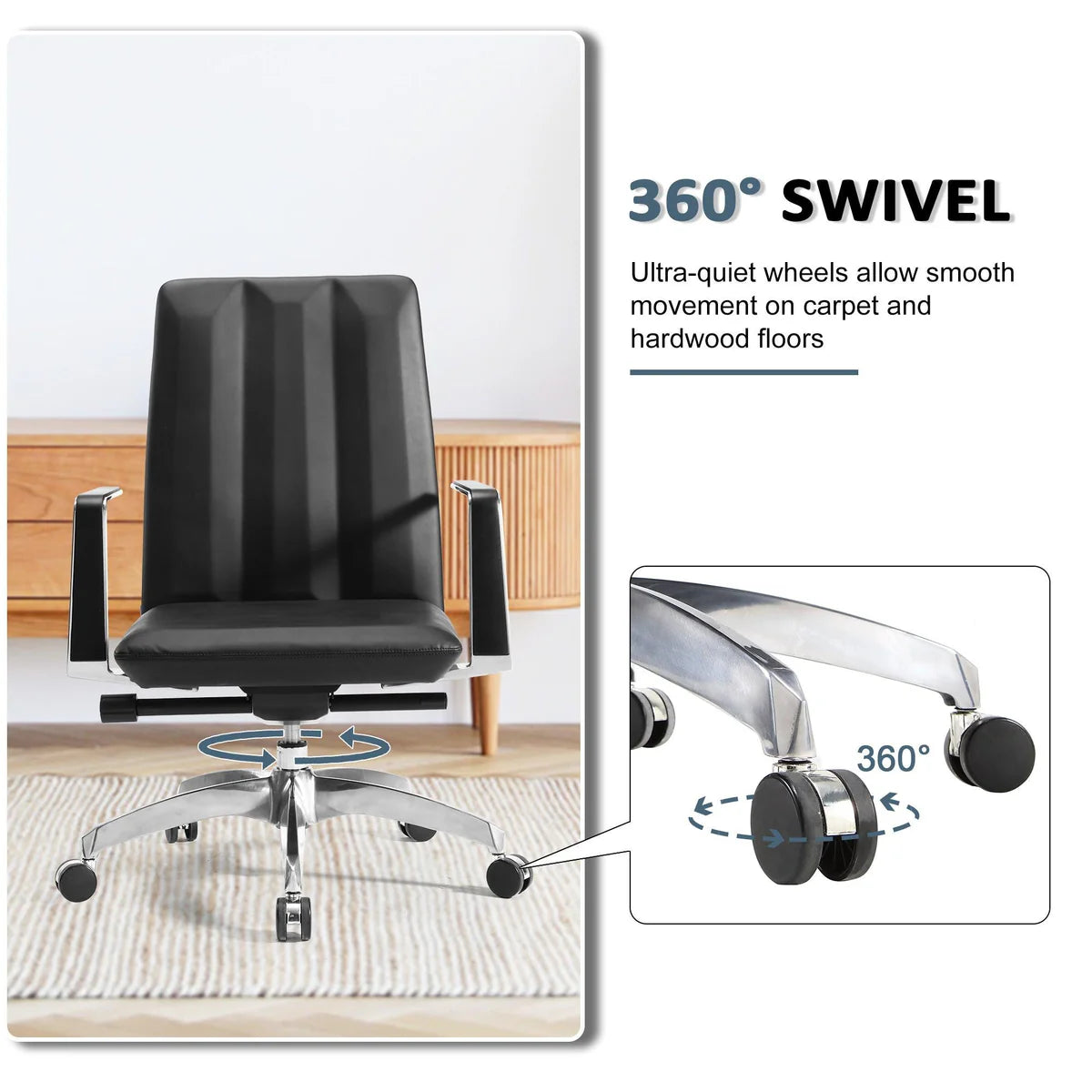 Low Back Chair, Ergonomic Leather Office Chair, Office Chair with Adjustable Height and Tilt Function, 360° Swivel, Large Tall Computer Chair, Black