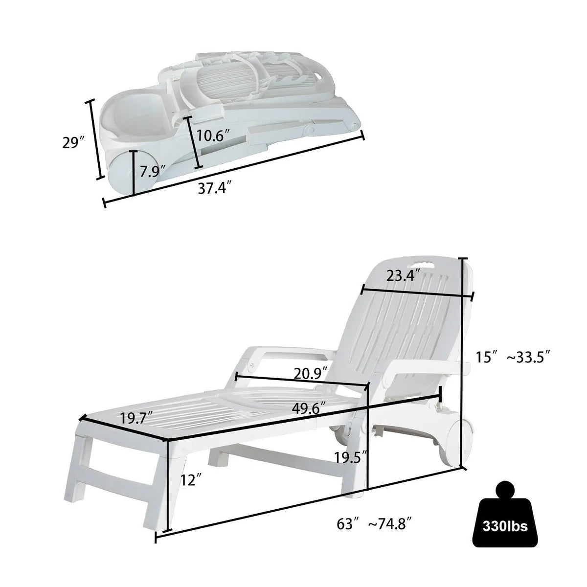 Folding Beach Lounger with Storage Space, Plastic Lounger Backrest with Four Special Adjustable Angle, with Wheels