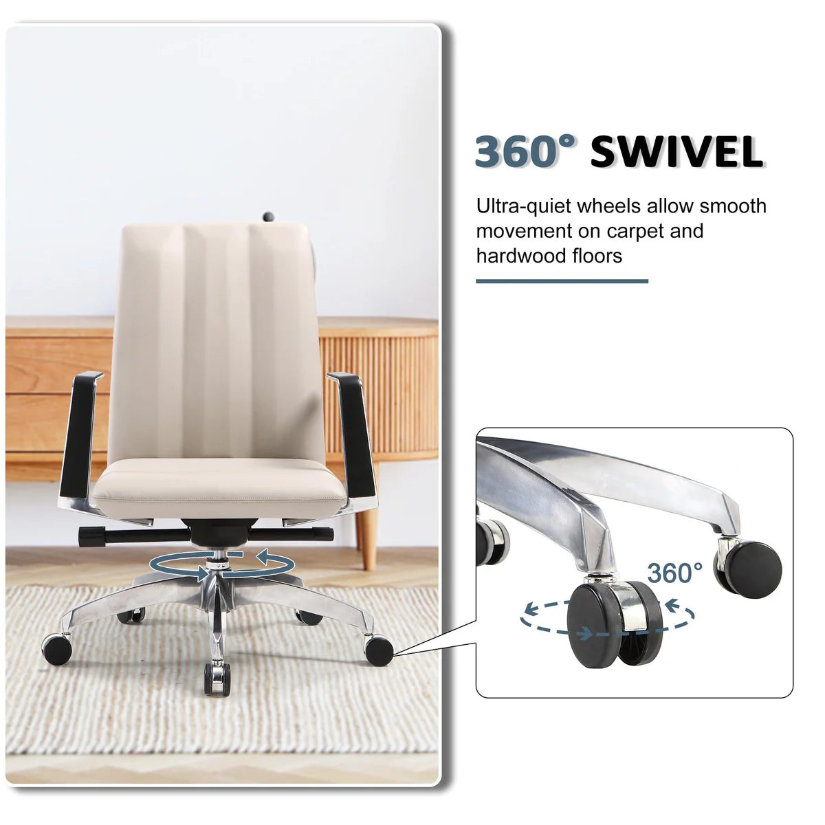 Low Back Chair, Ergonomic Leather Office Chair, Office Chair with Adjustable Height and Tilt Function, 360° Swivel, Large Tall Computer Chair, White