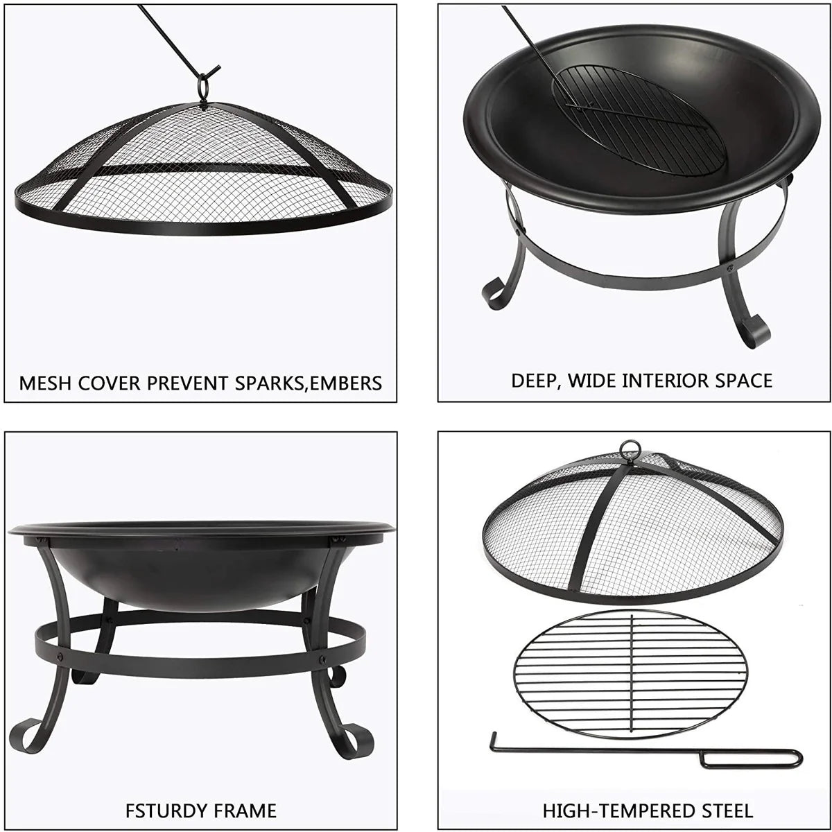 22-Inch Outdoor Wood-Burning BBQ Grill Fire Pit with Round Mesh Spark Screen Cover