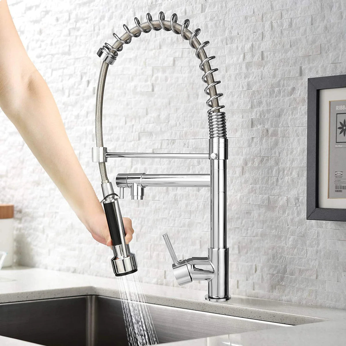 Single-Handle Pull-Down Sprayer Kitchen Faucet, High Arc Stainless Steel, 360 Swivel Single Handle Single Hole Spring Sink Faucet, Chrome