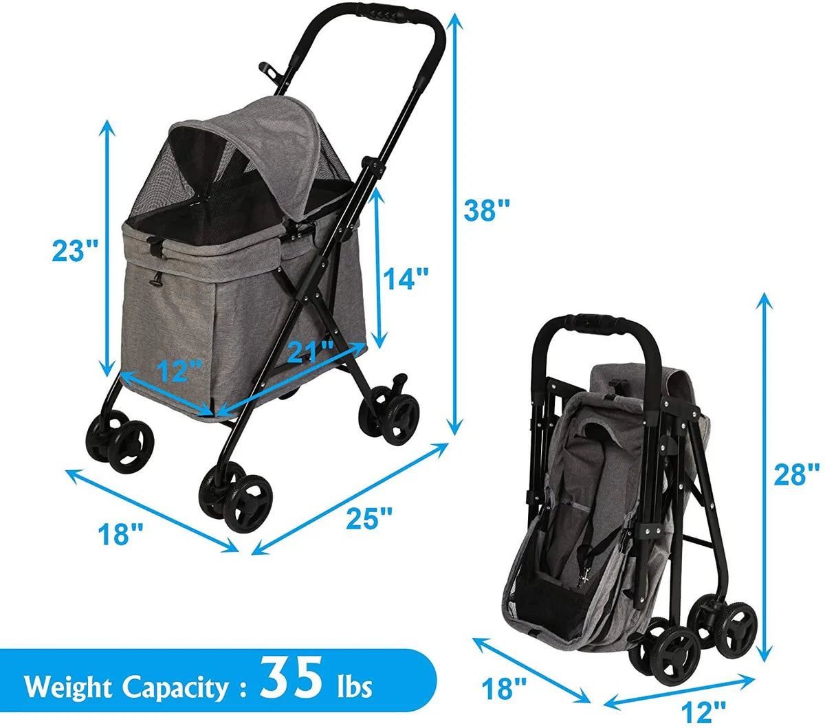 Pet Stroller Foldable for Medium Dogs Cats, with Four Wheels Storage Pocket Portable Steel Frame Jogging Travel Carrier Cage