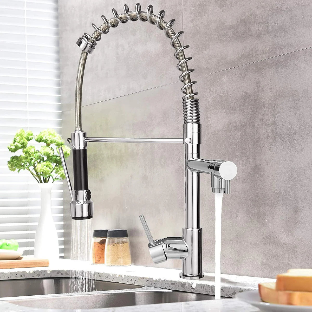 Single-Handle Pull-Down Sprayer Kitchen Faucet, High Arc Stainless Steel, 360 Swivel Single Handle Single Hole Spring Sink Faucet, Chrome