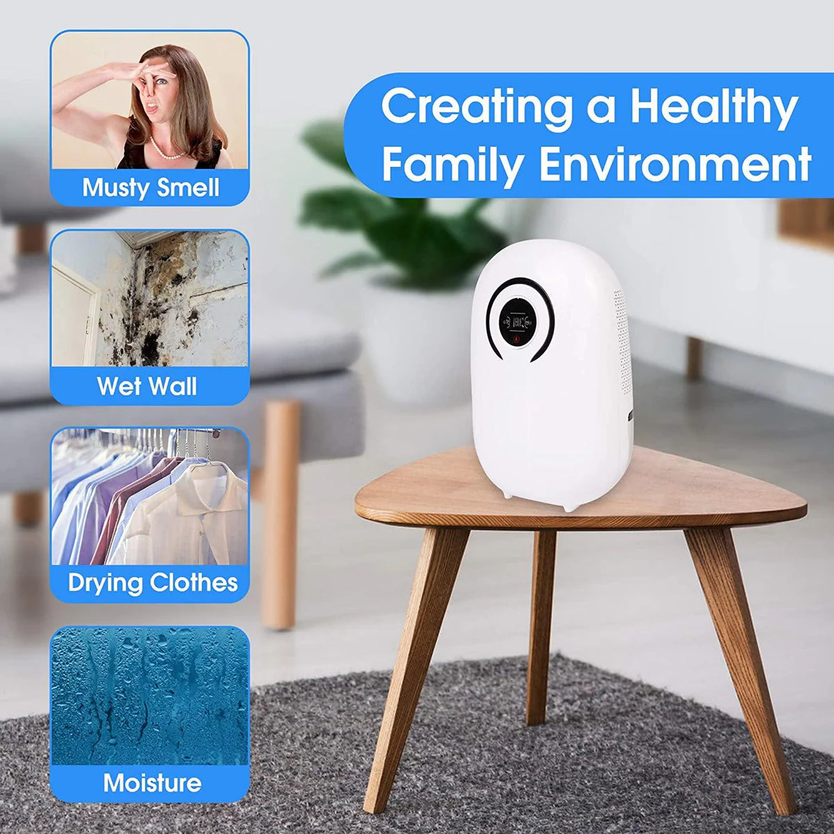 37oz Small Quiet Portable Dehumidifier for Home with LCD Display and Auto Shut-Off, White