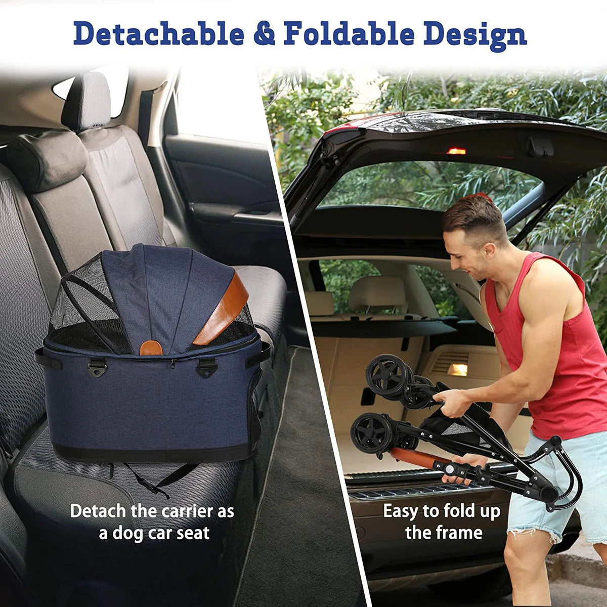 Luxury Folding Pet Stroller with Detachable Carrier for Medium Dogs Cats, Dark Blue