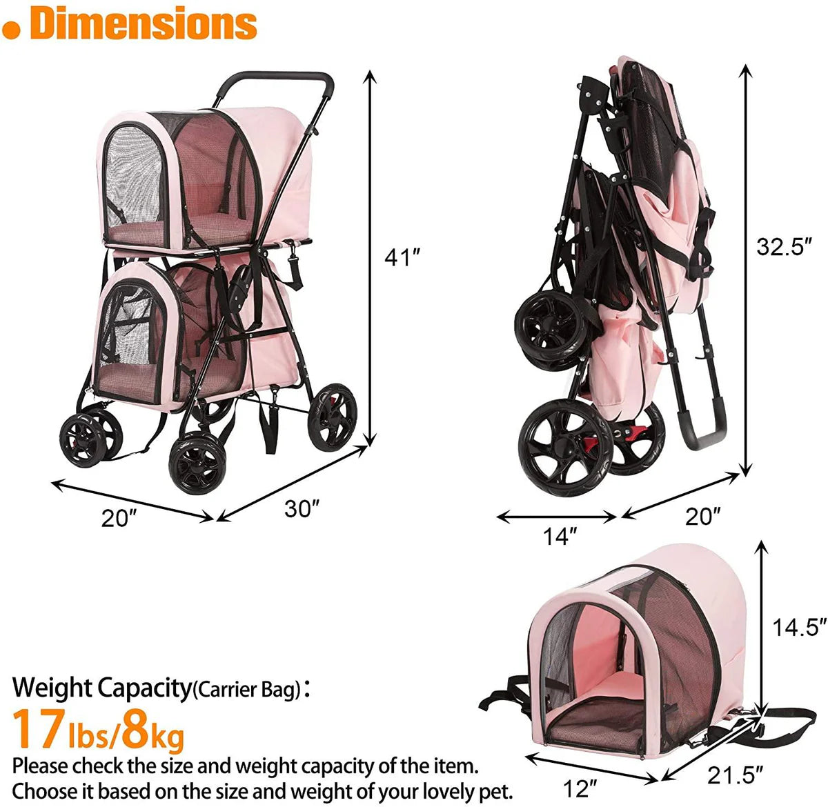 Detachable 3-in-1 Double Pet Stroller with 2 Travel Carriage Bags, Pink