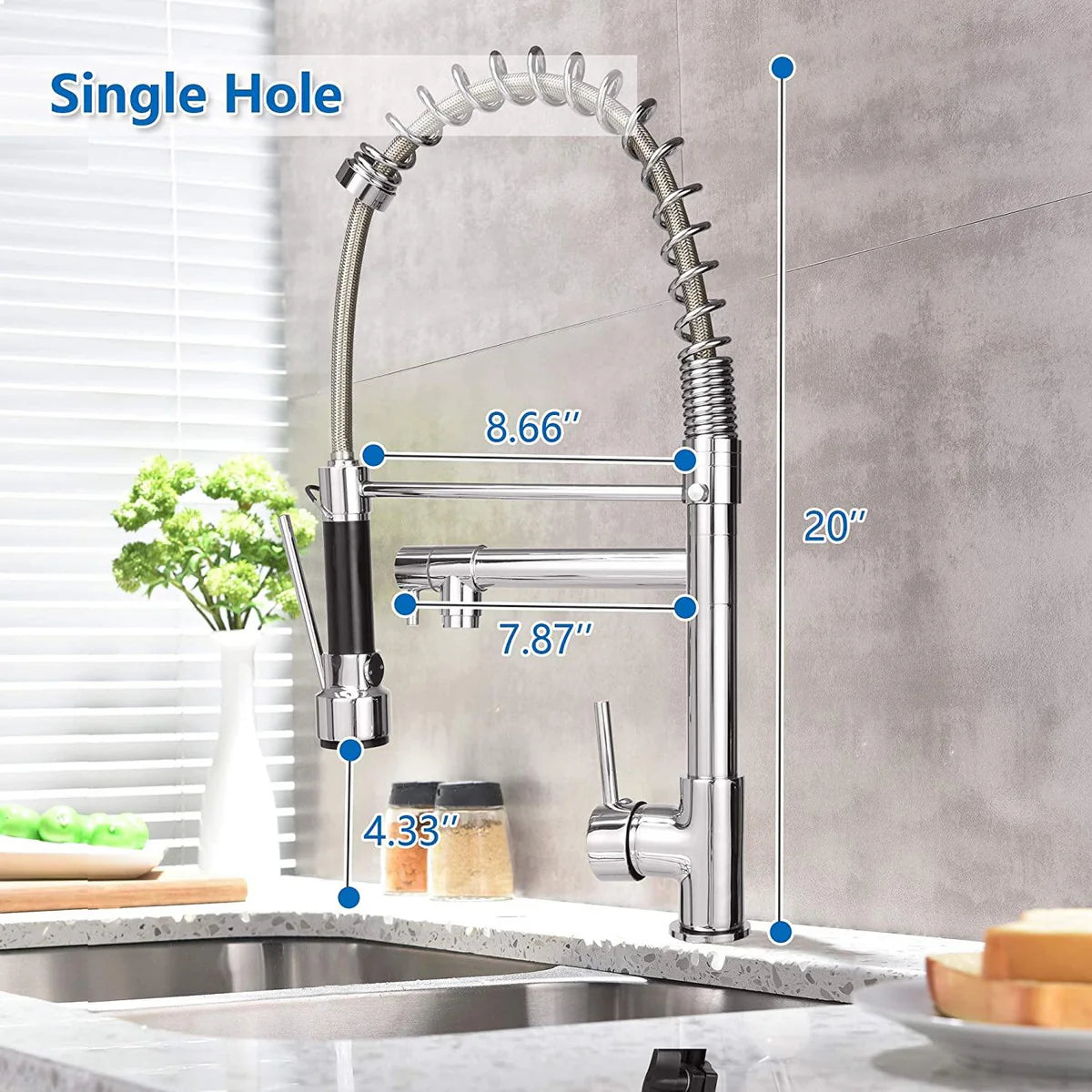 Single-Handle Pull-Down Sprayer Kitchen Faucet, High Arc Stainless Steel, 360 Swivel Single Handle Single Hole Spring Sink Faucet, Chrome