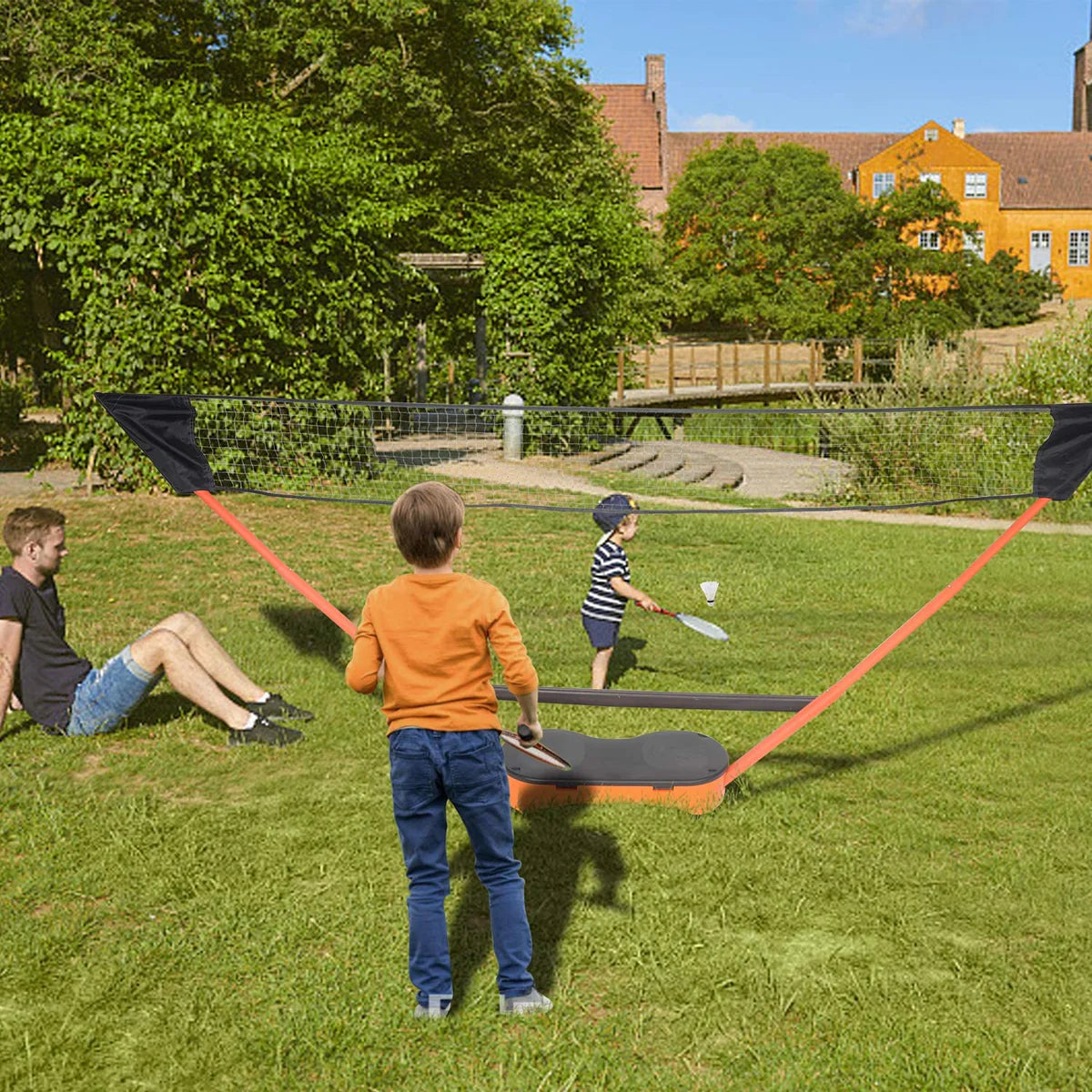 Portable Badminton Net Set Storage Box Base with 2 Battledores 2 Shuttlecocks Large, Orange