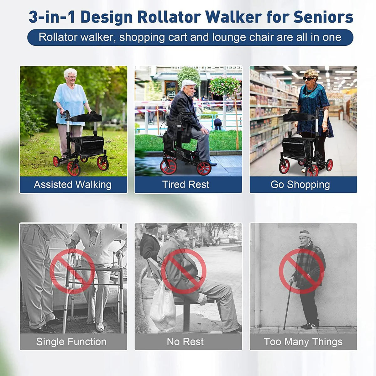 3-in-1 Folding Rollator Walker with Adjustable Handles and Seat Backrest