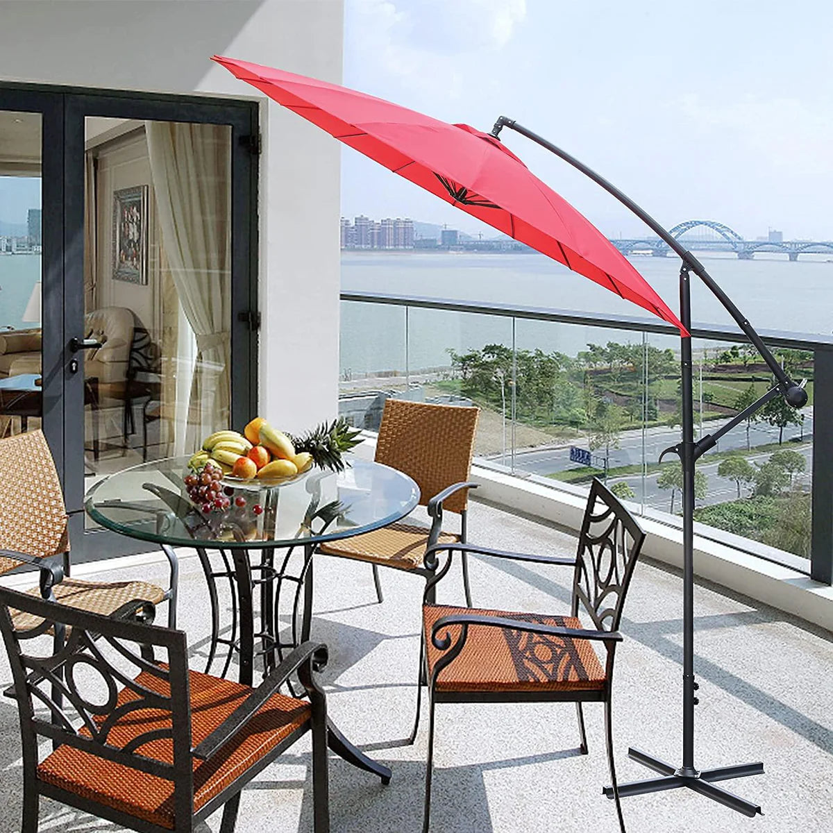 Offset Hanging Market Patio Umbrella w/Easy Tilt Adjustment for Backyard, Poolside, Lawn and Garden, Red