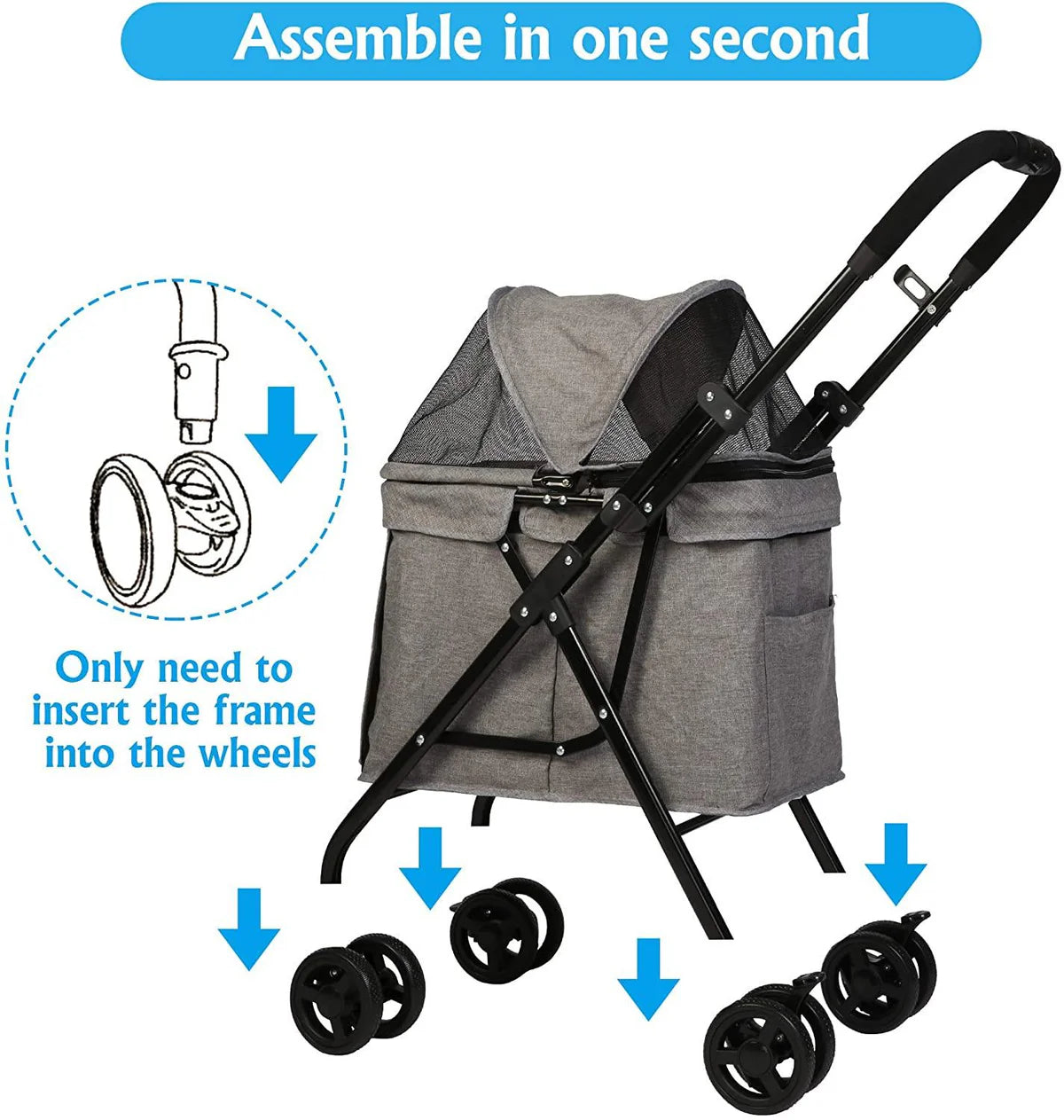 Pet Stroller Foldable for Medium Dogs Cats, with Four Wheels Storage Pocket Portable Steel Frame Jogging Travel Carrier Cage