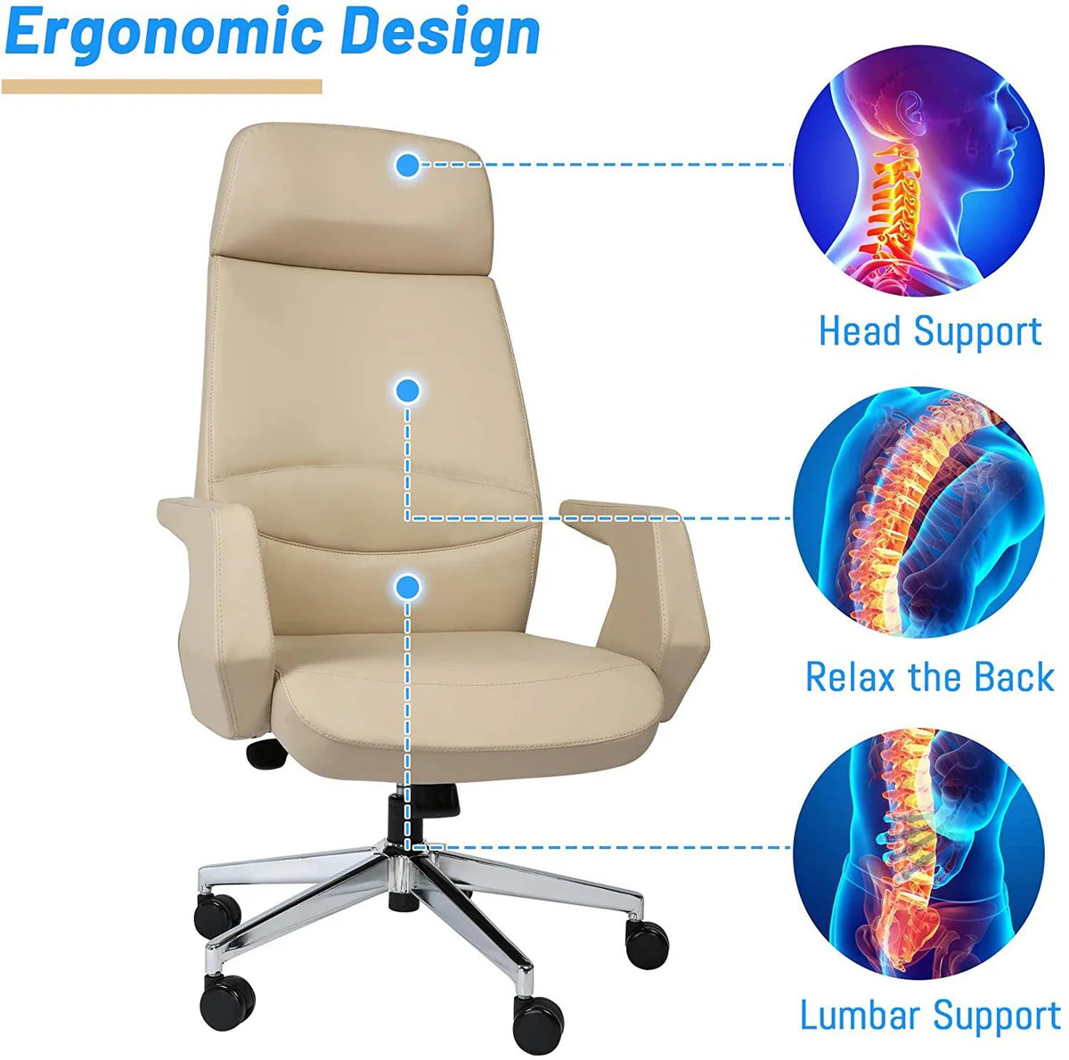 Executive Office Chair Ergonomic Leather High Back Heavy Duty Chair Padded Armrests Lumbar Support Lock Position