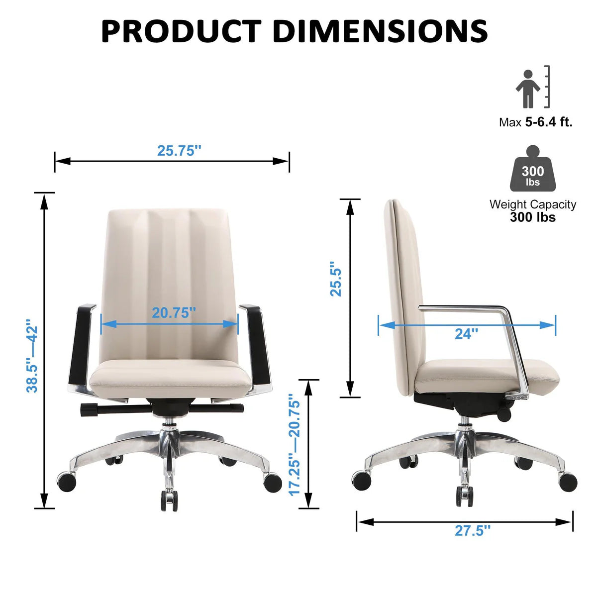 Low Back Chair, Ergonomic Leather Office Chair, Office Chair with Adjustable Height and Tilt Function, 360° Swivel, Large Tall Computer Chair, White