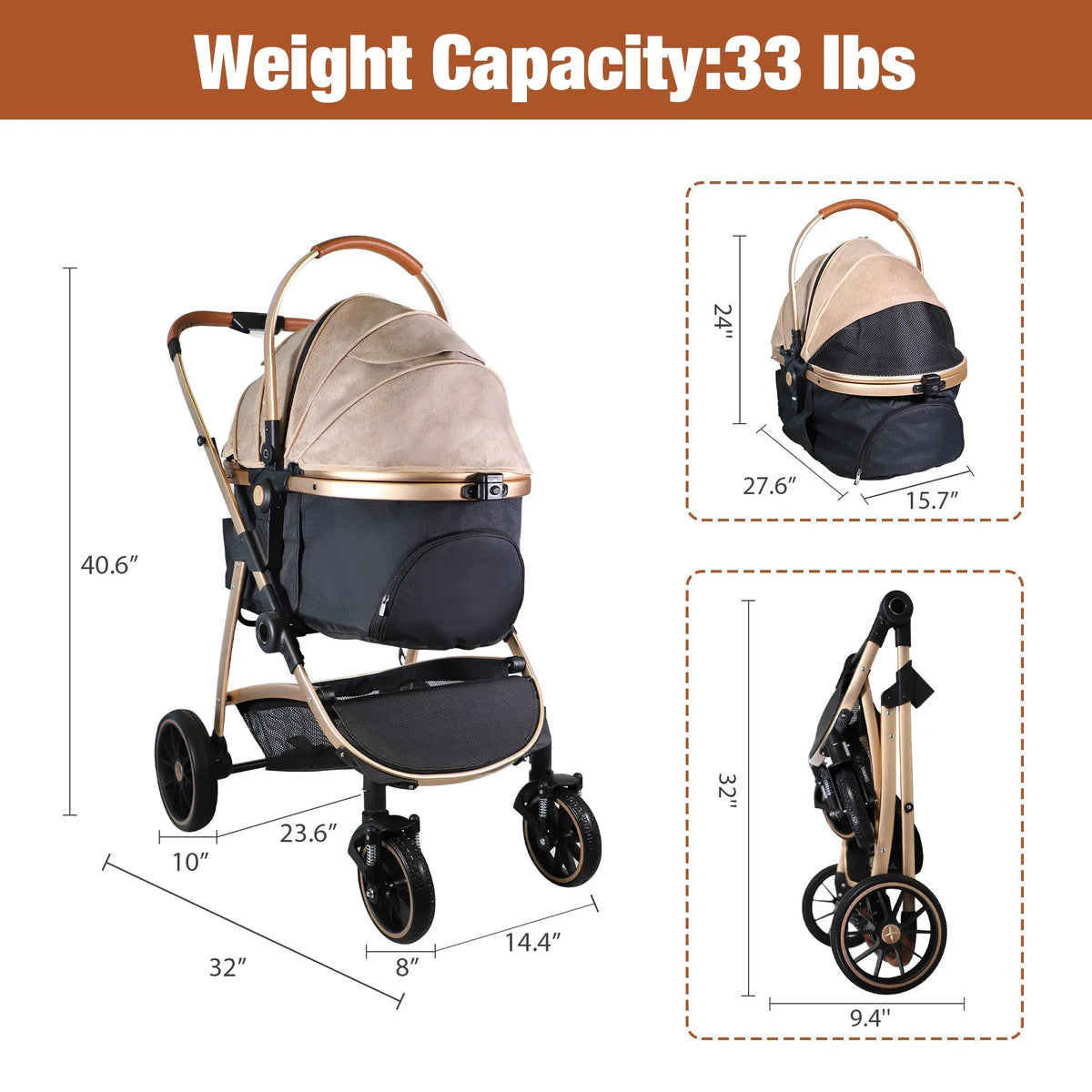 3 in 1 Foldable Aluminum Alloy Frame Pet Stroller No-Zip Dog Stroller with Detachable Carrier & Cup Holder, Up to 33 lbs, Gold