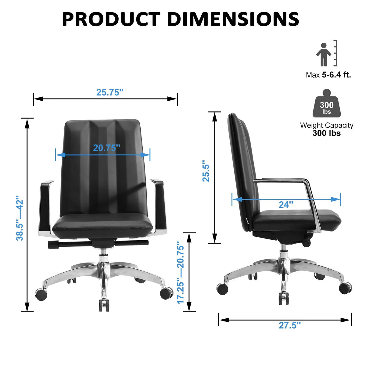 Low Back Chair, Ergonomic Leather Office Chair, Office Chair with Adjustable Height and Tilt Function, 360° Swivel, Large Tall Computer Chair, Black