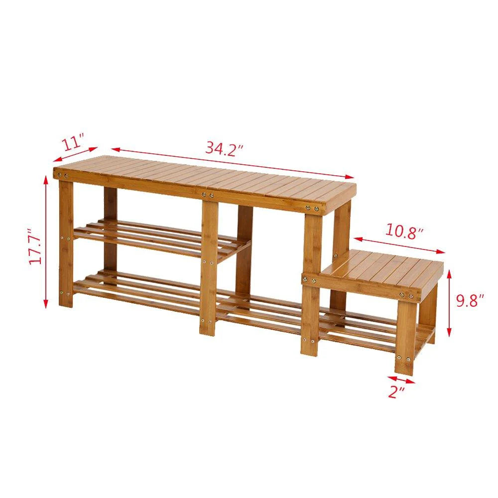 2-Tier Natural Bamboo Shoe Bench for Entryway and Hallway Boot Storage