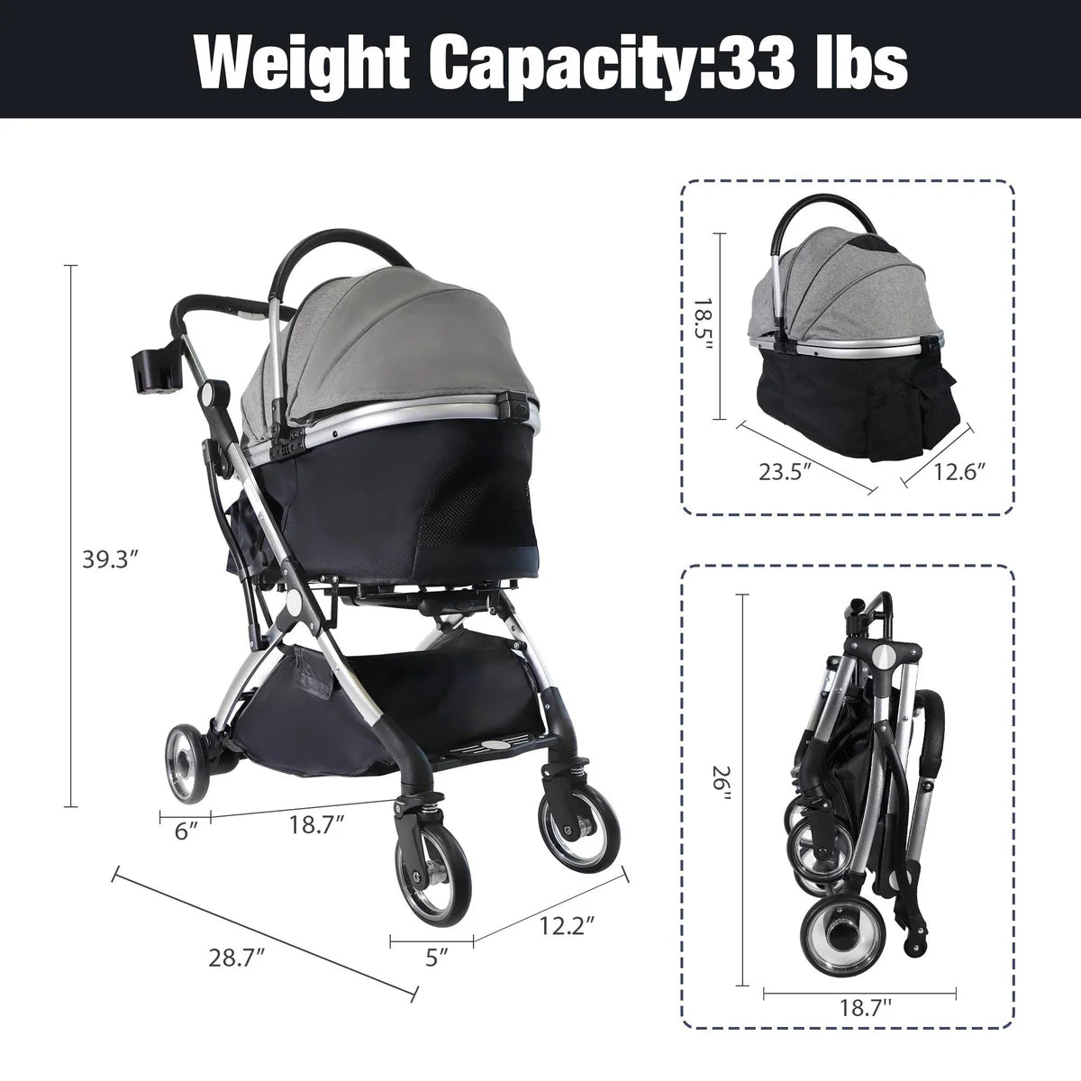 Foldable Pet Stroller 3 in 1 Design Detachable Carrier Telescopic Handle Aluminum Alloy Frame Up to 33 lbs Capacity, Gray