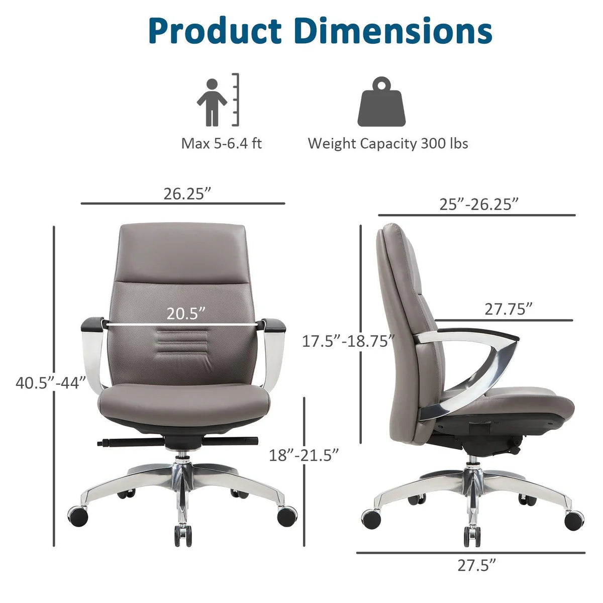 Executive Office Chair, Ergonomic Leather Office Chair Gray Office Chair with Adjustable Height and Tilt Function, 360° Swivel, Computer Office Chair