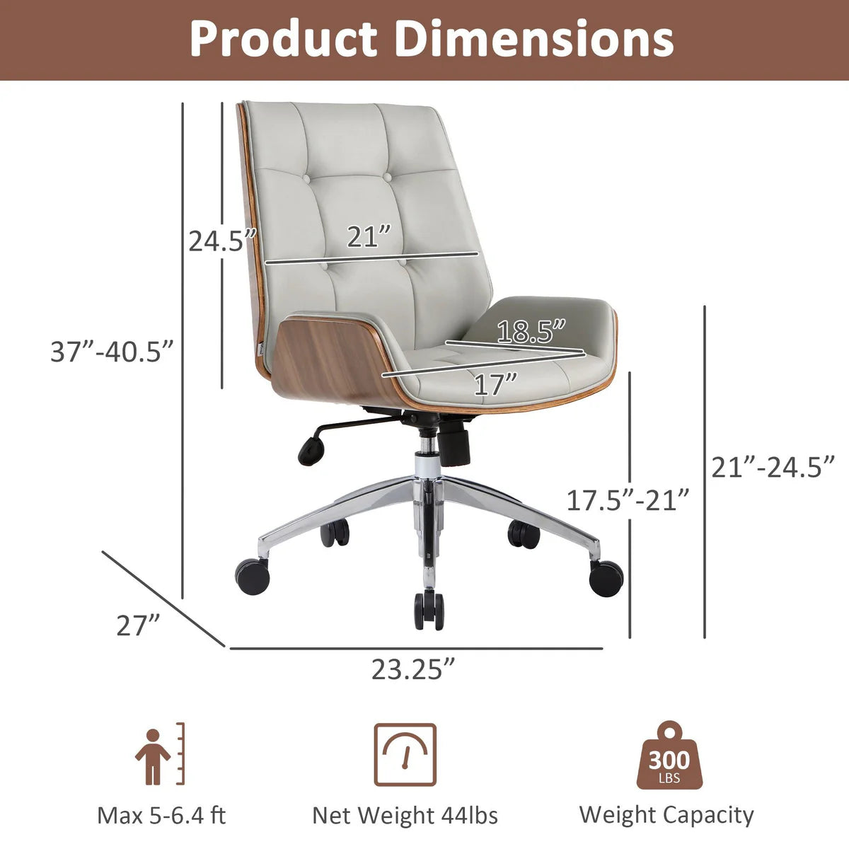 Executive Office Chair with Adjustable Height and Tilt, Solid Wood Arms and Base, 360° Swivel - Leather Office Chair, Grey