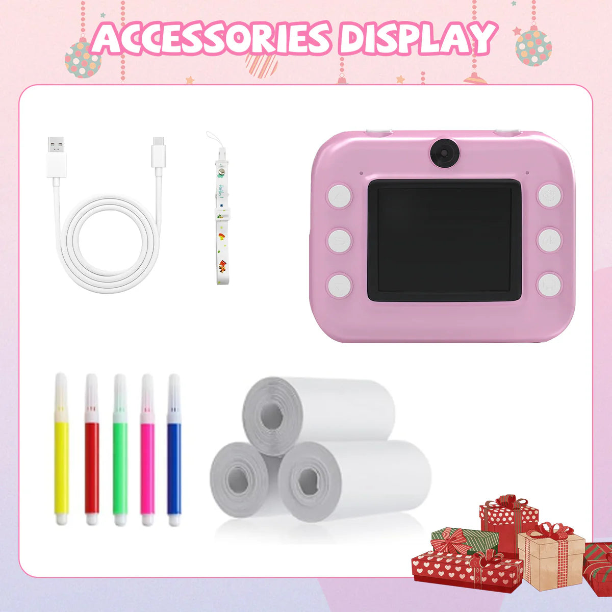 Instant Print Camera for Kids, Dual-Lens 48MP Digital Camera 2.4 Inch Screen with 3 Rolls Paper, Pink