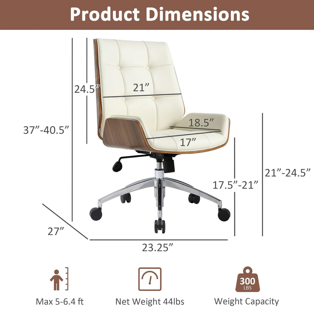 Executive Office Chair with Adjustable Height and Tilt, Solid Wood Arms and Base, 360° Swivel - Leather Office Chair, White