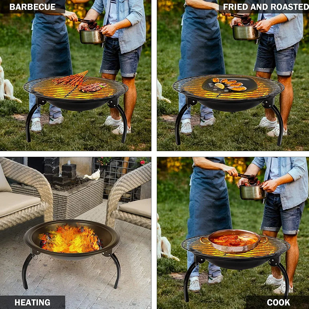 21" Outdoor Portable Fire Pit Bowl Stove Bonfire Wood Burning BBQ Grill with Mesh Spark Screen Cover Fire Poker